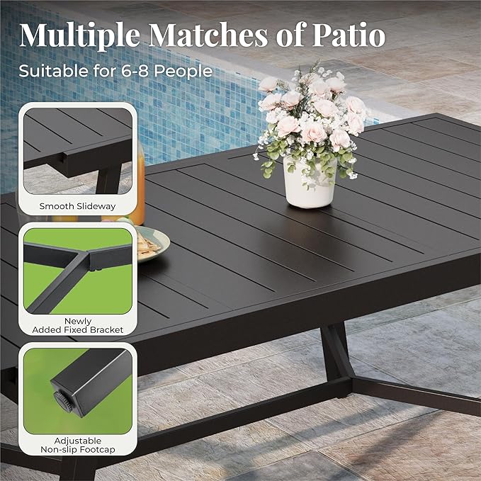 9 Pieces Patio Table and Chairs Set, Patio Dining Set for 8, 8 Brown Textilene Chairs and 1 Expandable Patio Dining Table with Umbrella Hole, for Deck Backyard Lawn Poolside