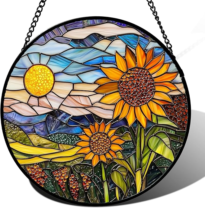 AMDERVEN Stained Glass Suncatcher, Sunflower Flowers Landscape Sun Catcher Plant Mountains Stain Glass Window Hanging Decoration Mother's Day Birthday Gifts for Women Men Mom Nana 15 in