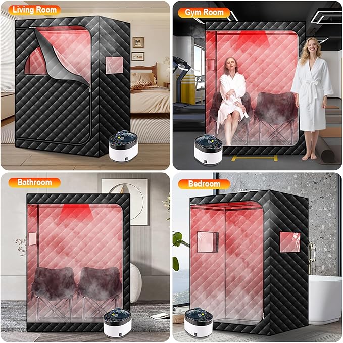 Portable Infrared Steam Sauna with 660nm Red Light Therapy, 2 Person Infrared Saunas Tent with 4L Steamer, 2 Large Folding Chair, Full Size Indoor Home Spa for Relaxatiom & Detox