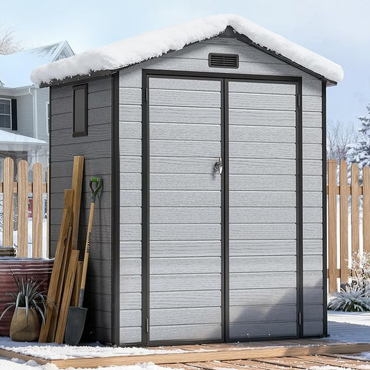 6X4 FT Outdoor Storage Shed, Resin Storage Shed with Floor & Drainage Channel for Bikes, Furniture, Gardening Tools, Plastic Sheds with Lockable Double Door Suitable for Backyard, Patio, Lawn
