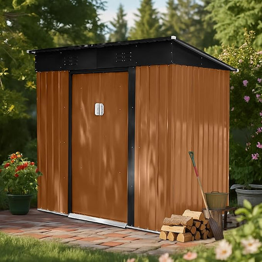 6x4 FT Outdoor Storage Shed Garden Shed Tool Shed with Lockable Door and Sloping Roof, Durable Metal Storage Shed for Backyard, Outside, Patio, Coffee