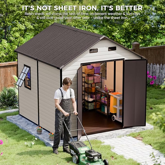 CDCASA Outdoor Storage Shed 8x8 FT, Waterproof Resin Garden Sheds Plastic Patio Outdoor Outside Storage with Floor, Adjustable Openable Windows, Lockable Door for Tool, Bike, Garbage Can