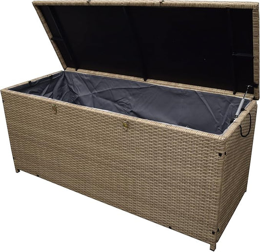 Oakland Living Tan Indoor and Outdoor Balcony Patio Deck Porch Pool 113 Gallon Wicker Storage Box Trunk Bin with Metal Frame