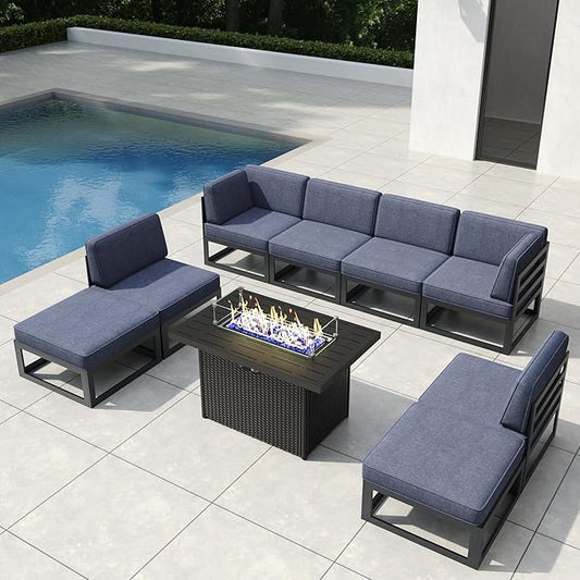 9 Pieces Aluminum Patio Furniture Set with Propane Gas 44" Fire Pit Table, Metal Outdoor Conversation Sofa Set with Seating Cushions