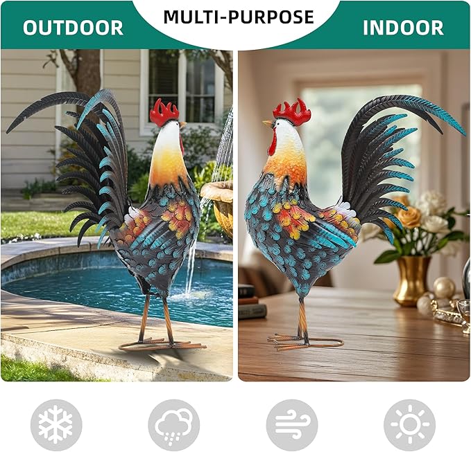 Autodaya 32" Metal Rooster Decor, Outdoor Garden Statues, Metal Chicken Sculpture for Backyard Patio Kitchen Decor