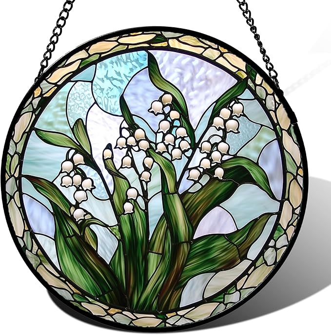 AMDERVEN Stained Glass Window Hanging, White Green Lily of The Walley Flowers Sun Catcher for Door Home Decor Plants Suncatcher Christmas Mother's Day Birthday Gifts for Women Men Mom Nana 15 in