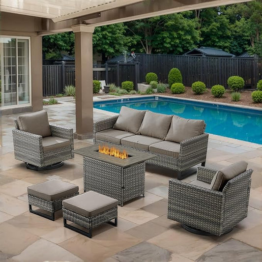 6 Piece Wicker Patio Furniture with Fire Pit Table - Outdoor Conversation Set with 50,000 BTU Fire Pit, All Weather Rattan Patio Set for Deck Backyard Garden - Grey Wicker Grey Cushion