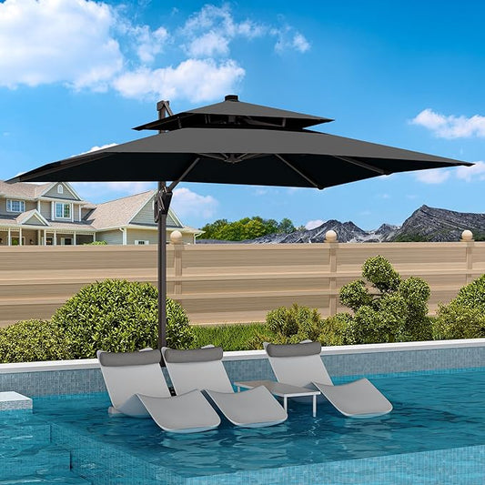 9' X 12' Cantilever Patio Umbrella Double Top Rectangular Outdoor Large Offset Umbrellas with 7 Tilts Adjustable 360°Rotation for Deck Pool Garden Backyard, Grey
