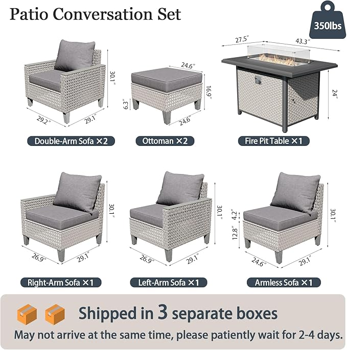 Outdoor Patio Furniture Set with Rattan Fire Pit Table 8-Piece Modular Wicker Sectional Sofa with Ottomans and Thick Cushions, Modern Rattan Outdoor Conversation Couch, Grey