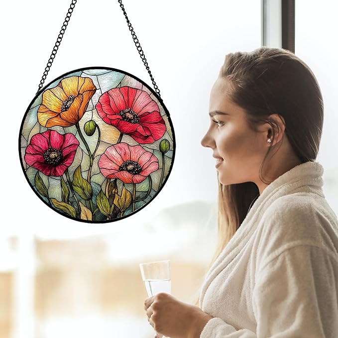 AMDERVEN Stained Glass Suncatcher, Red Orange Poppy Flowers Sun Catcher Silver Background Wildflowers Window Hanging Decor Christmas Mother Birthday Gifts for Women Men Mom Nana 9.8 in