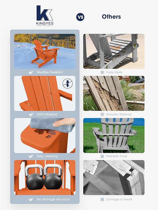 KINGYES Folding Adirondack Chair Set of 8, Dual Cup Holders & All-Weather HDPE, Wood-Like Patio Chair for Backyard, Camping, Pool & Fire Pit, Orange