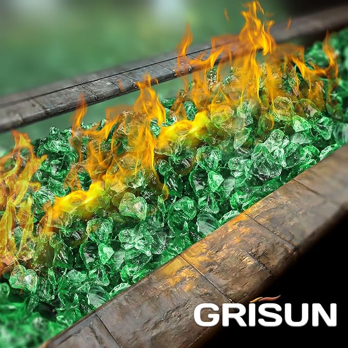 GRISUN Emerald Green Fire Glass for Fire Pit, 20 Pounds 1/2 Inch Tempered Glass Rocks for Natural or Propane Fireplace, Safe for Outdoors and Indoors Firepit Glass