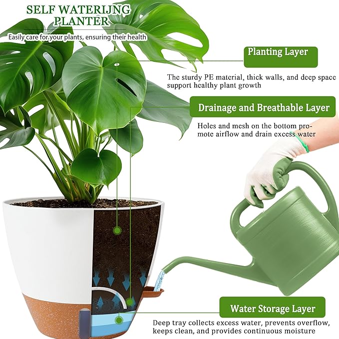 2 Pack 10 inch Plant Pots, Plastic Self Watering Planters with Drainage Holes, Deep Reservoir, Water Level Indicator, Modern Decorative Flower Pots for Indoor Outdoor Plants (White, 10 inch)