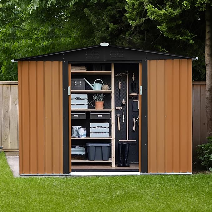 8x6 FT Outdoor Storage Shed Tool Shed Garden Shed with Lockable Door and Sloping Roof, Durable Metal Storage Shed for Backyard, Outside, Patio, Coffee