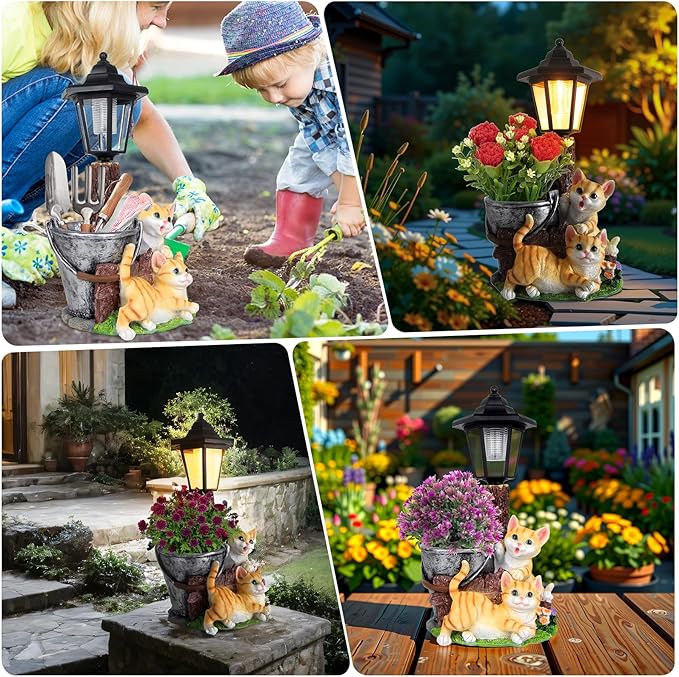 YEPOTUE Solar Cat Outdoor Statues, Garden Sculptures with Flowerpot Decor & Solar Lantern for Yard Art Lawn Ornaments Porch Patio Balcony - Idea Gifts for Women Mom Grandma