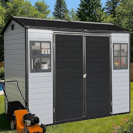 8x4 FT Resin Storage Shed with Floor Included, Outdoor Plastic Sheds & Outdoor Storage Clearance with 2 Windows and Lockable Door, Backyard Storage Shed for Garden Tools, Bike, Black+Grey