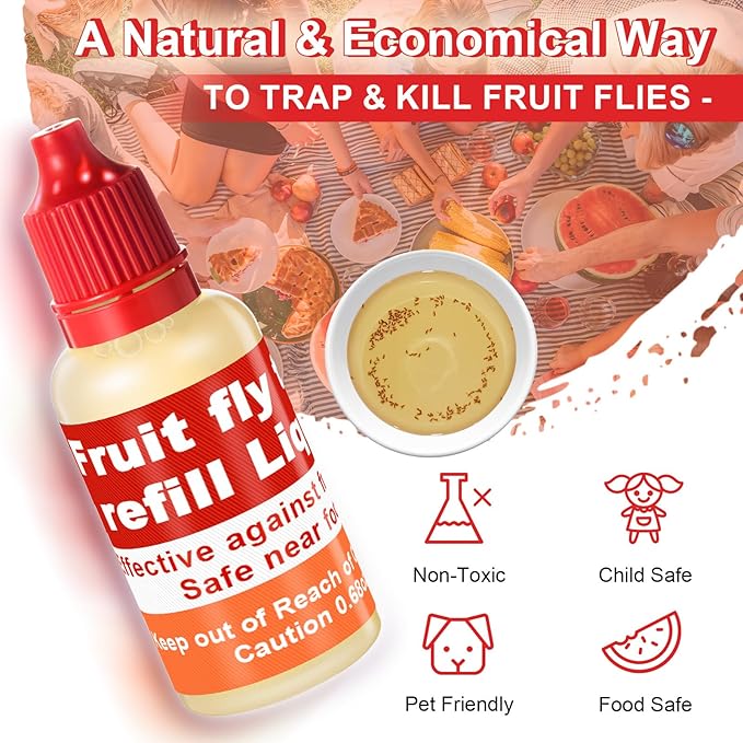 Qualirey 20 Pack Fruit Fly Trap Refill Liquid, 0.68oz/ Bottle Liquid Fruit Fly Traps for Indoors Non Toxic Safe Near Food, Effective Lure Refill for Indoor and Kitchen Use, Red