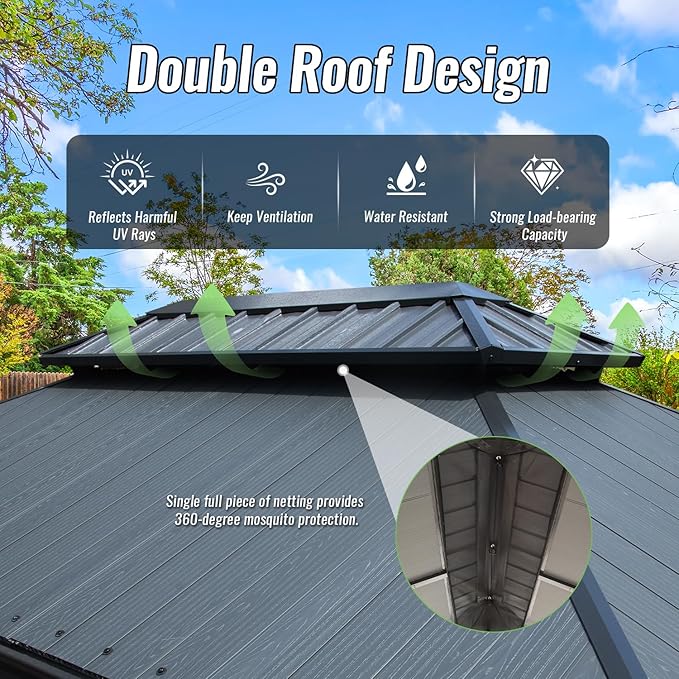 Domi 12’x14’ Hardtop Gazebo with Resin Roof, Outdoor Metal Gazebo with Drainage Gutters, Permanent Heavy Duty Pavilion for Patio, Backyard and Deck, Curtains and Mosquito Netting Included