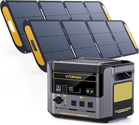 VTOMAN FlashSpeed 1500 Portable Power Station with 2x200W Pro Solar Panel, 1548Wh LiFePO4 Solar Generator, 1 Hour Fast Charge, 1500W AC Output for Off-Grid, Camping, RV, Home Backup,Emergencies