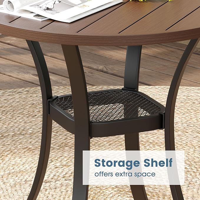 DIFY 27.6" Round Patio Dining Table, Outdoor Bistro Table with Rust Resistant Metal Frame, Ideal for Lawn, Backyard and Deck, Walnut