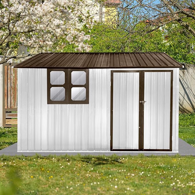 Metal Garden Sheds 10ftx8ft Outdoor Storage Sheds White+Coffee with Window, for Backyard, Patio, Poolside