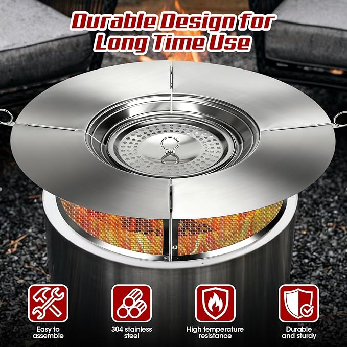 Heat Deflector for Solo Stove Bonfire 19.5",Fire Pit Heat Deflector with Mesh Spark Screen&2 Pokers,304 Stainless Steel 2 in 1 Heat Diffuser for Solo Stove Bonfire Accessories Camping Capture Warmth