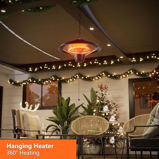 Patio Heater for Outdoor Use 1500W Electric Infrared Hanging Heater, Ceiling Mounted, Waterproof for Porch, Garage, Balcony, Overheat Protection Black