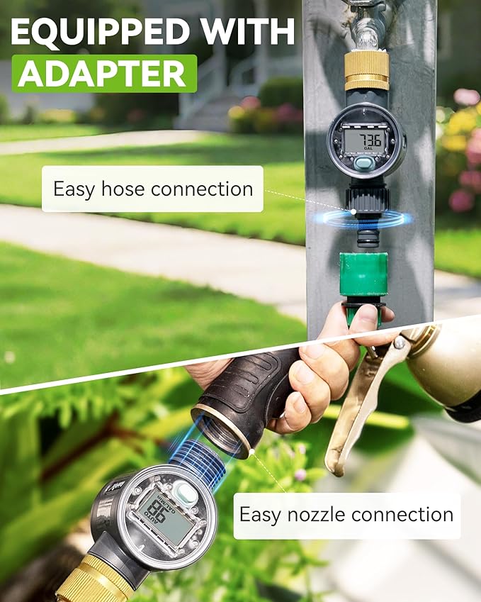 RAINPOINT Water Flow Meter with Brass Inlet, Water Meter for RV Tank Filling, Garden Hose Watering, Lawn Sprinkler & Nozzle Sprayer, ±5% Accuracy, Max Measured Consumption of 9999.9 Gallon/Liter