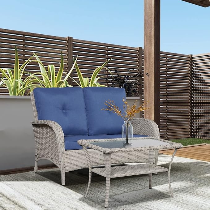 Belord Patio Conversation Sets Wicker Furniture, 7 PCS Outdoor Swivel Rocker Furniture Set for Patio Deck Poolside, 2 Swivel Rockers 2 Club Chairs 2 Rattan Tables 1 Loveseat Included, Blue Cushion