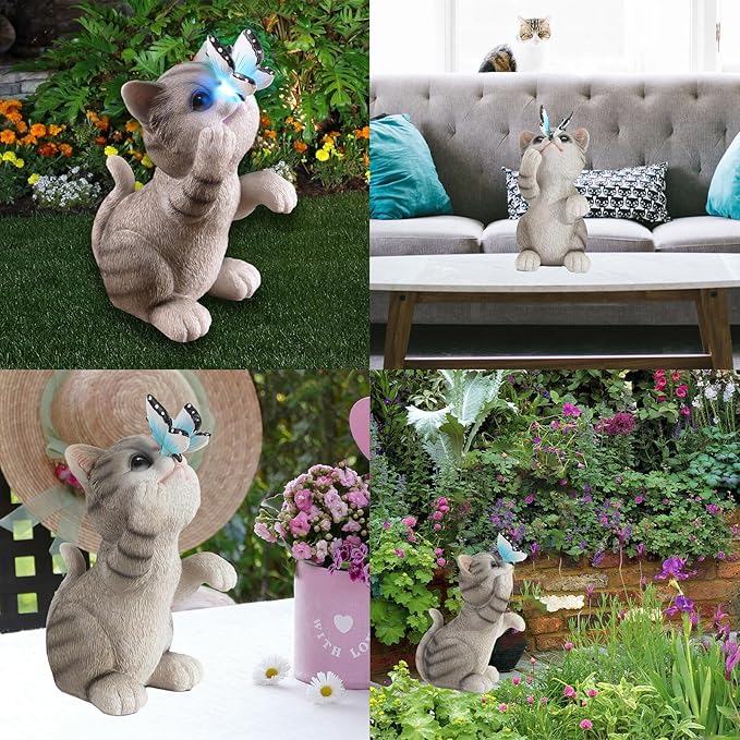 halp·ssfm Cat Garden Statue Outdoor Solar Decorations Butterfly Light Figurine Color Changing LED Lights Resin Sculpture Art Decor Patio Lawn Yard Housewarming Gifts for Women Grandma Mom