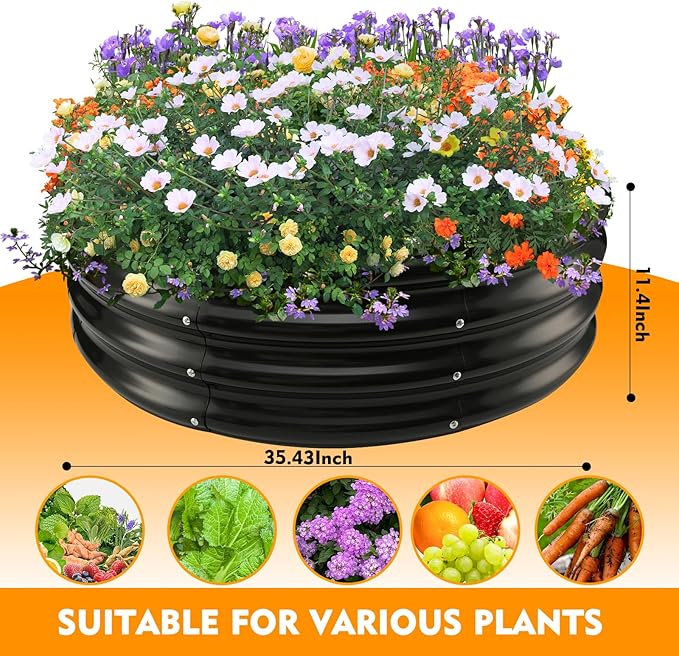 60" Round Galvanized Steel Fire Ring Pit for Backyard,Camping,Bonfire; Round Steel Raised Garden Bed Kit,Metal Raised Garden Box for Outdoor Gardening and Planting (5x5x1FT)