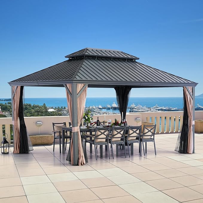 LeDoasis Blazar Hardtop Gazebo 12' X 16' with Nettings and Curtains, Outdoor Canopy for Patio Lawn and Garden, Vertical Stripes Galvanized Steel Double Roof Canopy
