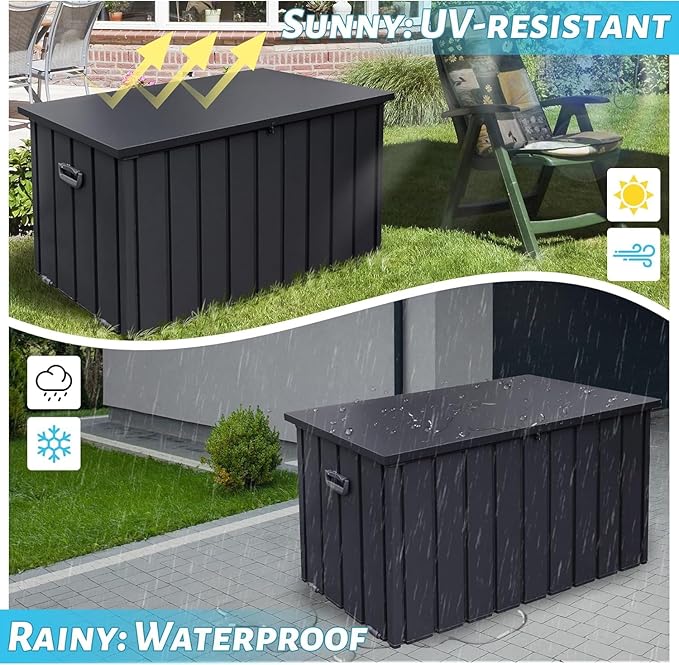Metal Outdoor Storage Box, 150 Gallon Waterproof Deck Box for Patio Cushion, Outside Storage Cabinet Rust/UV Resistant, Lockable Garden Tool Storage Bin for Porch Package Delivery, Grey