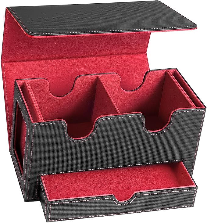 MTG Deck Box with 2 Commander Display,Commder Deck Box Fits 310+ Cards，with Dice Tray,Leather Magnetic,Fits for TCG CCG Magic Cards (Black Red)