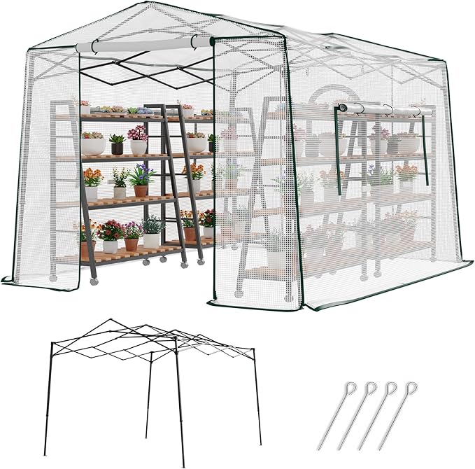 11.5x8.5x7.4 ft Walk-in Greenhouse, Portable Plant Hot House with Zipper Windows & Doors, PE Cover & Steel Frame, for Garden, Backyard