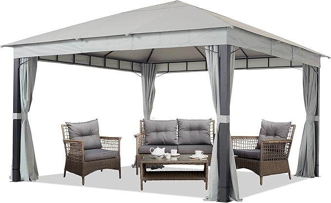 TOOLPORT Gazebo 13x13 ft with Approx 6.5 oz/yd² Waterproof Tarp Roof - Pavilion with 4 Curtains in Gray
