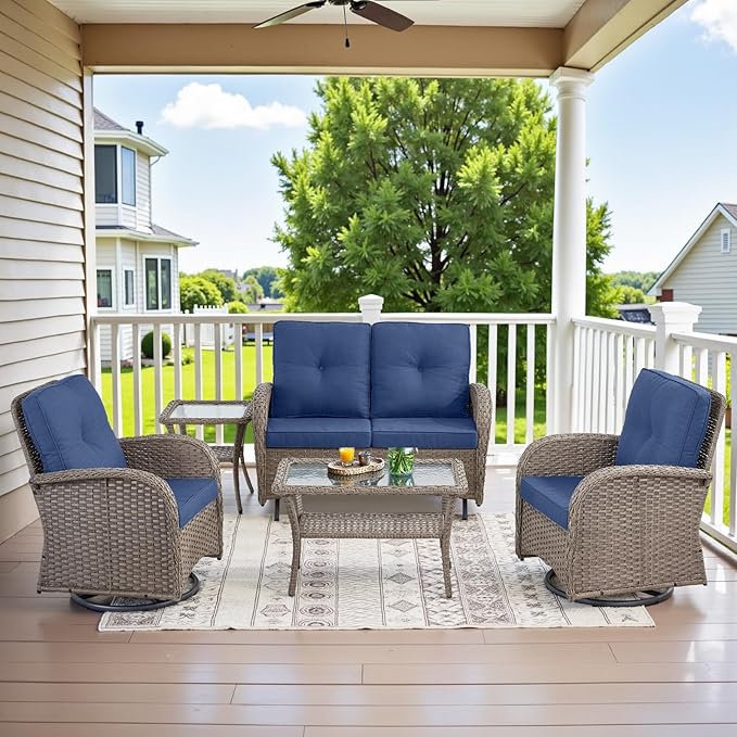 Belord 5 Piece Wicker Patio Furniture Set - Outdoor Conversation Sets with Deep Seating Swivel Rocker Chairs Loveseat and Rattan Coffee Table for Deck Backyard Poolside, Gray Wicker/Blue Cushion