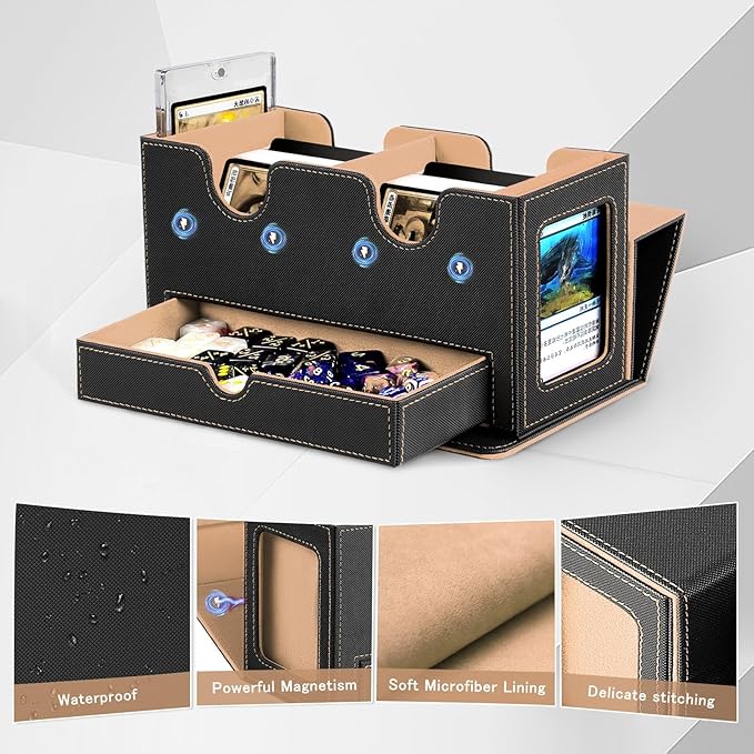 MTG Deck Box with 2 Commander Display,Commder Deck Box Fits 310+ Cards，with Dice Tray,Leather Magnetic,Fits for TCG CCG Magic Cards (Khaki)