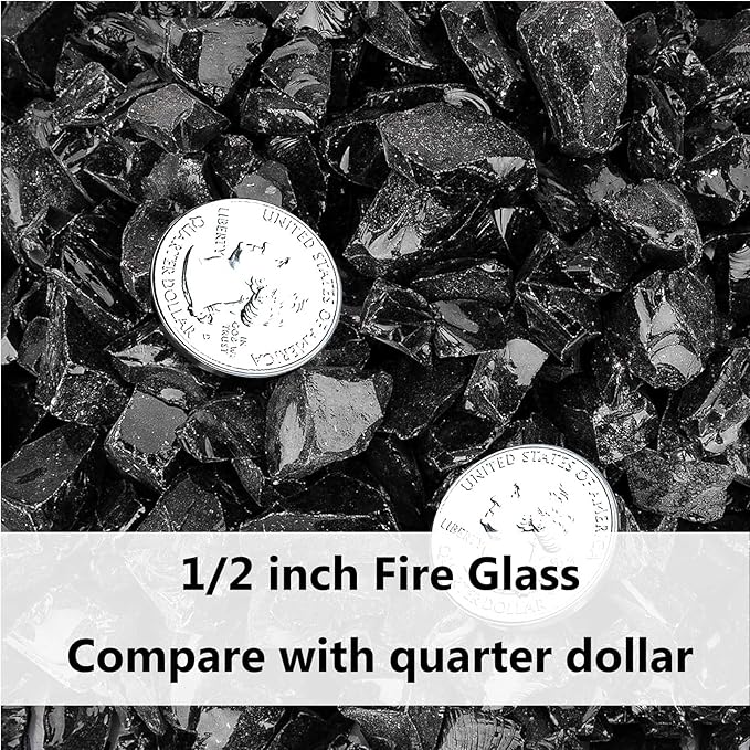 GRISUN Onyx Black Fire Glass for Fire Pit, 10 Pounds 1/2 Inch Tempered Glass Rocks for Natural or Propane Fireplace, Safe for Outdoors and Indoors Firepit Glass