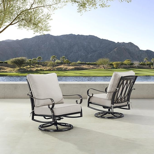 Pair of Black Aluminum Patio Deep Seating Swivel Rocker Club Chairs with Light Grey Cushions