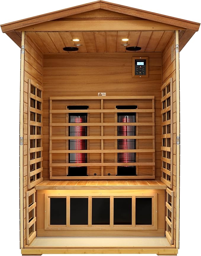 LTCCDSS Ceramic Outdoor Infrared Sauna 2 Person, Mahogany Far Infrared Sauna, Low EMF Sauna Room for Home,Withstand Outdoor Temp -10℉-149℉,Chromotherapys, Bluetooth Speakers (DIY Configurable)