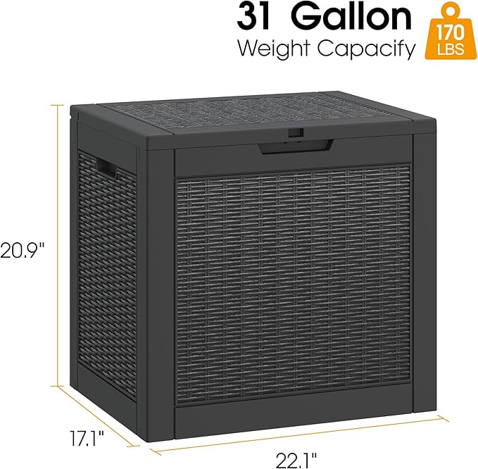 NUNU LAB 31 Gallon Outdoor Storage Box Waterproof, Outside Package Delivery Deck Boxes with Lockable Lid, Backyard Storage Bin For Garden Tools, Patio Cushions, Black