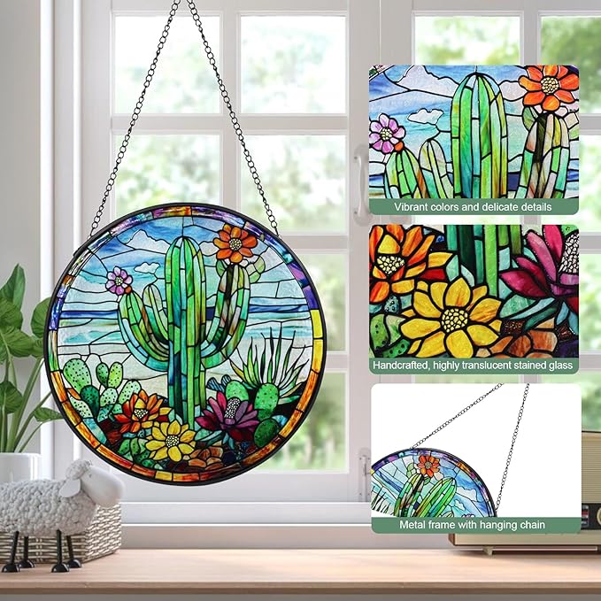 Wkyqes Cactus Handmade Stained Glass Window Hanging Suncatcher with Chain - 7.9" Arizona Outdoor/Indoor Art Decor for Home Garden, Wedding, Mother's, Valentine's & Christmas Ornaments Present