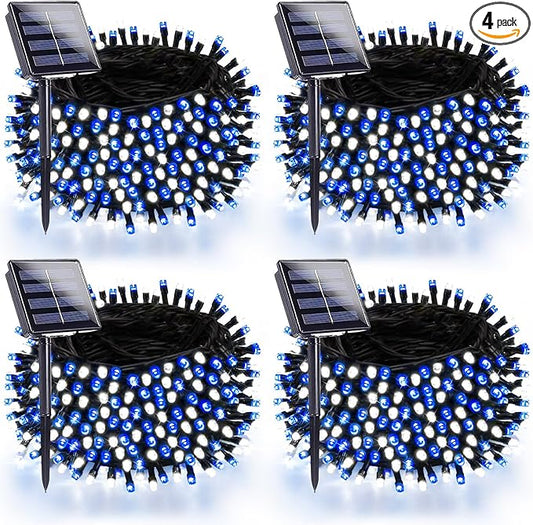 4 Pack 180FT Solar Christmas Lights Outdoor Waterproof, Super Bright 320 LED Solar String Lights with 8 Lighting Modes, Green Wire Solar Twinkle Tree Lights for Outside Xmas Party(Blue and White)