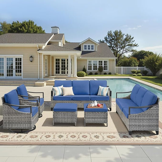 6 Pieces Patio Furniture Sets - All Weather Outdoor Swivel Rocker Patio Chairs with 3-Seat Sofa and Multifunctional Ottomans, Outdoor Conversation Set for Garden Porch Balcony Deck Gray/Blue