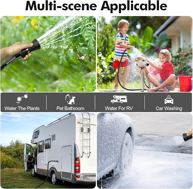SPECILITE 3/4" Garden Hose 150 ft with High Flow Nozzle, Heavy Duty Flexible Hybrid Rubber Water Hose for Outdoor, Lightweight, Leak-Proof, No-Kink, 3/4"Brass Fittings,Black