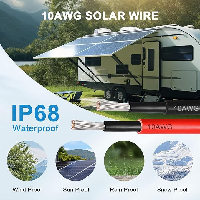 Solar Panel Wire 10 AWG(6mm²) - Solar Extension Cable 10Ft Black & 10Ft Red 10 Gauge Tinned Copper PV Wire for Outdoor Automotive RV Solar Panel Boat Marine (Black+Red)