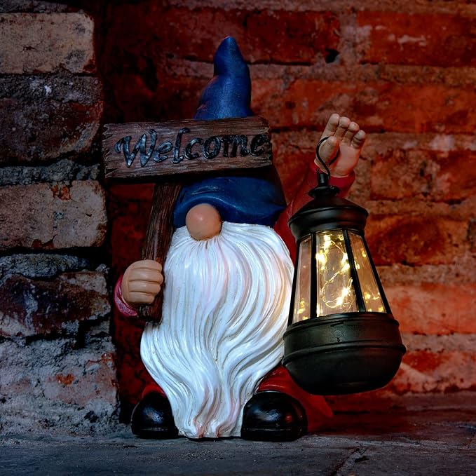 WONDHOME Garden Gnome Outdoor Decoration Solar Gnomes Statue with Lantern LED Lights,Terrace Courtyard Lawn Patio Porch Fall Decoration Halloween Christmas Housewarming Gift for Mom Women, Gnome Blue