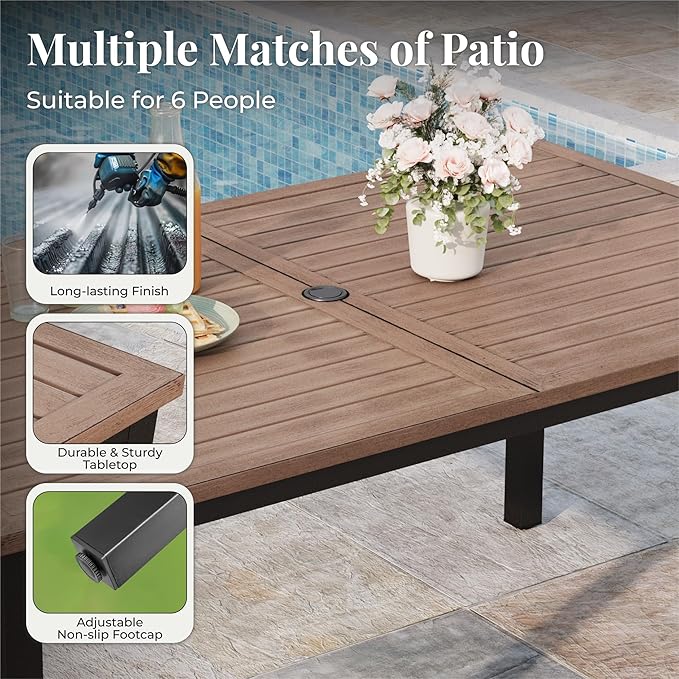7 Pieces Patio Table and Chairs Set, Patio Dining Set for 6, 6 Textilene Chairs and 1 Wood-Like Rectangle Steel Table with Umbrella Hole, for Deck Backyard Lawn Poolside, Blue