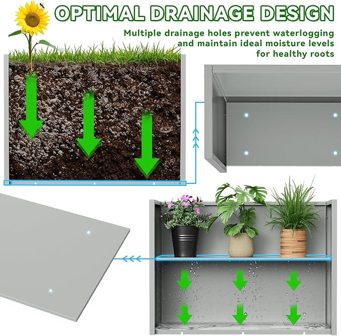 Tall Metal Planter Box, 38" L x 10" W x 30" H Large Outdoor Planters with Drainage & Adjustable Shelf, Heavy Duty Steel Rectangular Planter for Patio, Balcony, Indoor(Gray)